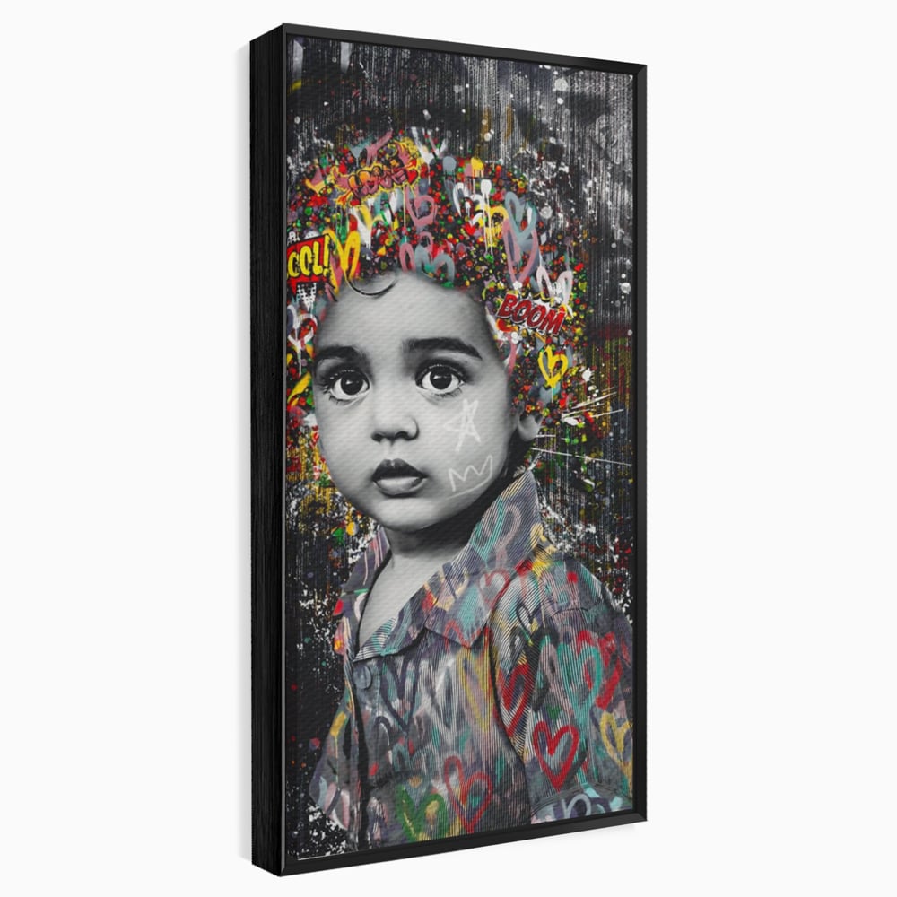 Tablou canvas cu tablou canvas cu portretul unui copil si graffiti, in rama de aluminiu negru